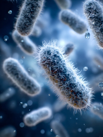 A detailed close-up of rod-shaped microorganisms covered with fine hair-like projections, captured...