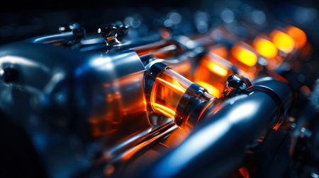 A detailed view of engine parts glowing with fiery orange light, highlighting shimmering metal...