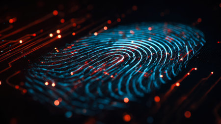 A high-tech fingerprint recognition scene featuring illuminated blue and red outlines on a dark...