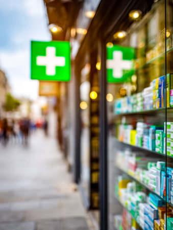 A welcoming pharmacy facade featuring a luminous green cross, with well-stocked shelves visible through a glass window, conveying trust and health carの写真素材