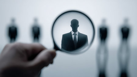 A determined individual peers intently through a magnifying glass, highlighting their focus amidst a hazy crowd of colleagues, embodying talent assessment and selection.の写真素材