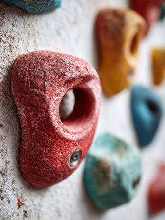 Vibrant array of indoor climbing grips set against a textured wall, inviting energizing workouts and adventurous challenges for climbers of all levels.の写真素材