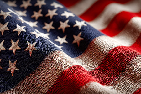 A detailed view of rugged, woven fabric showing the iconic stars and stripes, evoking patriotism and...
