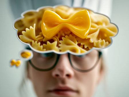 A contemplative individual wearing glasses visualizes various uncooked bowtie pasta forms within a...