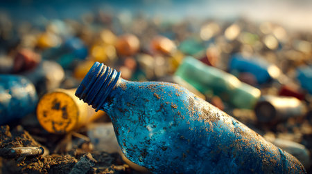 A bleak, neglected terrain scattered with countless plastic bottles and trash, highlighting...