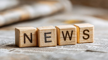 Wooden letter cubes forming the word "news" rest atop a textured newspaper, symbolizing information, communication, and the dissemination of current events in a visual storyteの写真素材