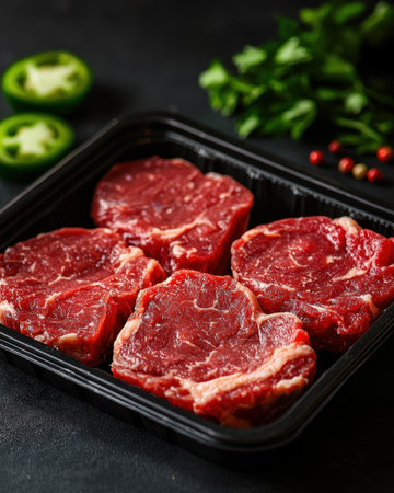 Juicy raw beef slices arranged on a sleek black tray, complemented by a colorful backdrop of fragrant herbs and vibrant peppers, perfect for gourmet cuisine.の写真素材