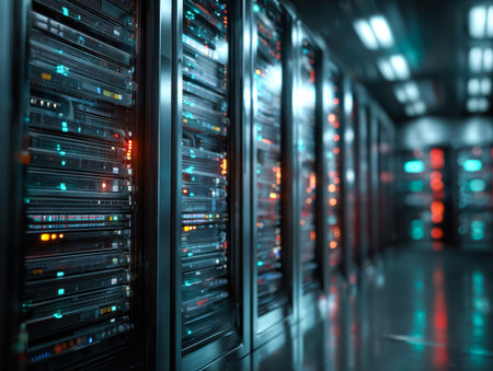 Rows of glowing server cabinets create a futuristic ambiance in a sleek, high-security facility...