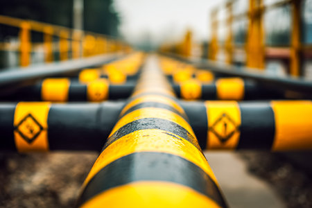 A vivid yellow and black safety barrier lines a railway, contrasting sharply against a softly...