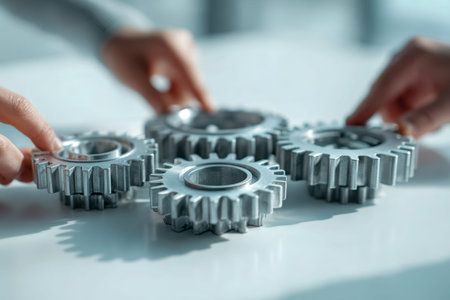 Several hands work together to connect metallic cogs on a clean white background, illustrating unity...