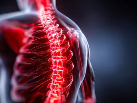 A detailed artistic rendering of the backbone, emphasizing vertebral anatomy and potential ailments,...