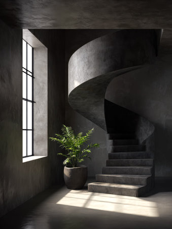 A sleek, contemporary space featuring a dark concrete coil staircase illuminated by soft, natural...