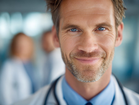 A self-assured physician with striking blue eyes, dressed in a white coat, offers a welcoming smile amid a busy clinical environment, symbolizing collaboration and care.のeditorial素材