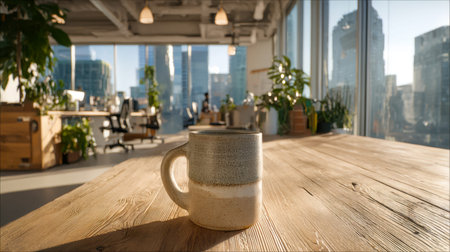 A sleek, contemporary desk setup features a warm ceramic mug, overlooking a vibrant cityscape that...