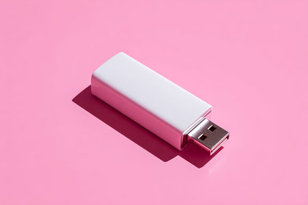 A sleek white flash storage device rests on a vibrant pink surface, illuminated by a soft shadow...