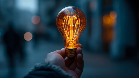 A solitary hand presents a glowing retro filament bulb amid shadows of a city night, evoking a blend...