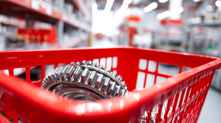 A shopping basket filled with rugged metal components rests amid tool aisles, hinting at diy...