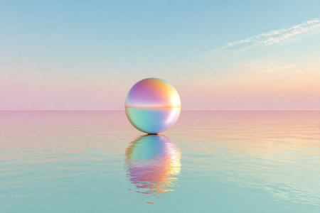 A luminous, rainbow-hued globe drifts gently over glassy waters, illuminated by a soft sunset glow...