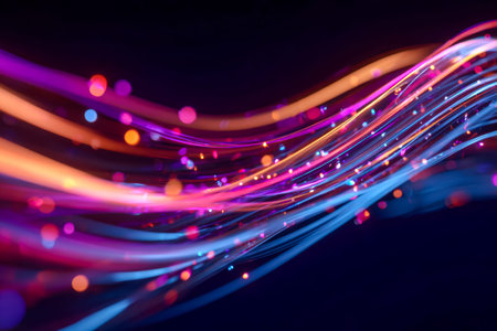 Vibrant streaks of neon illuminate the dark background, embodying speed and connectivity,...