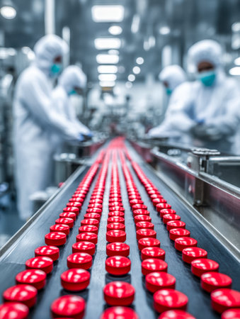 Workers dressed in safety gear monitor a production line of vibrant red capsules, ensuring quality...