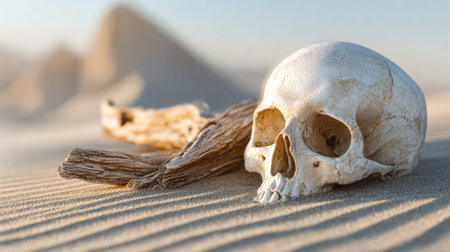 An aged skull lies partially buried in rugged desert terrain, with ancient, worn driftwood streaked...