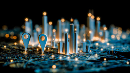 Vibrant, neon-lit skyline featuring towering glass structures and digital markers, evoking a dynamic...