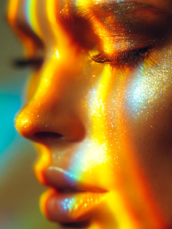 A mesmerizing portrait highlighting luminous, swirling hues and shimmering accents that evoke a sense of vibrant energy and surreal beauty.の写真素材