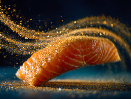 A vibrant salmon slice adorned with shimmering gold-tinted seasoning and delicate sparkles, evoking elegance and exclusivity in a captivating culinary scene.の写真素材