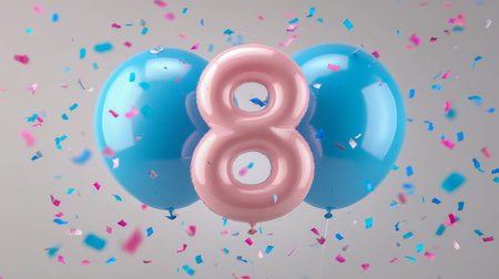 Vibrant celebration scene featuring a striking pink number eight balloon bordered by shiny blue...