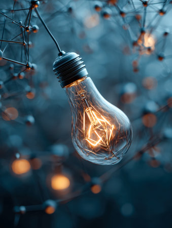 A glowing filament-shaped bulb floats against a complex wireframe matrix, evoking innovation and...