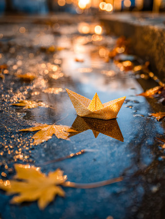 Warm hues of sunset reflect off damp pavement as a delicate paper vessel rests among russet and gold...