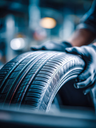 A technician carefully examines a vehicle's tire, focusing on tread and sidewall details amidst the...