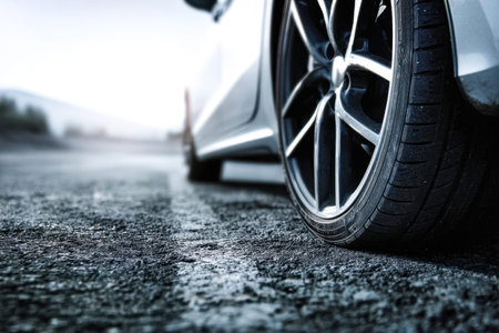 A detailed shot highlighting the sleek tread pattern and shiny rim of a high-performance vehicle's...