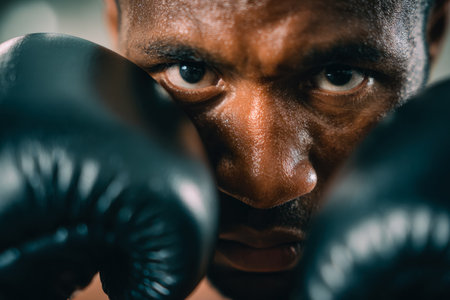 Focused intensity illuminates a fighter's determined gaze, sweat-drenched skin glistening under harsh lights as they steel their mind and body for the clash ahead.のeditorial素材