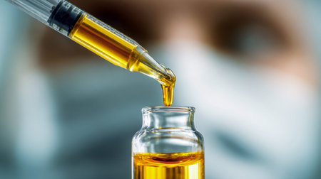 A precise hand administers a radiant amber solution into a tiny glass container, set against a...