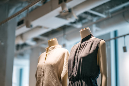 Sleek mannequins showcase trendy relaxed and activewear outfits amidst a minimalistic, modern storefront, highlighting current fashion and versatile everyday styles.の写真素材