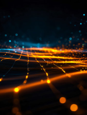 Dynamic digital landscape with radiant blue and orange streaks illuminating a complex grid, evoking...
