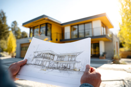 A detailed architectural plan overlays a sleek, minimalist residence showcasing clean lines, expansive windows, and eco-friendly features, illustrating innovative residential designのeditorial素材