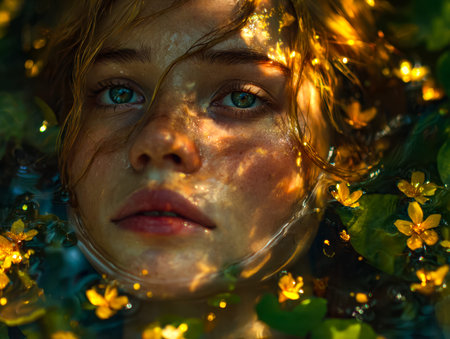 A surreal image featuring a woman with piercing blue eyes, embraced by luminous blossoms and shimmering water reflections, evoking serenity and mystique.のeditorial素材
