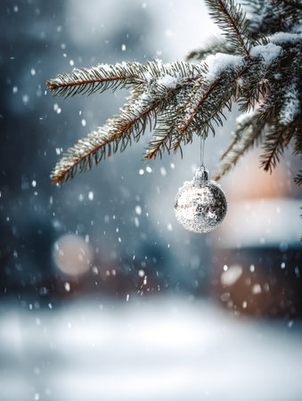 A frosty pine branch glistens under a delicate layer of snow, with a shimmering ornament dangling...