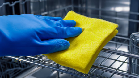 A diligent individual using vibrant yellow microfiber cloth and protective blue gloves to thoroughly...