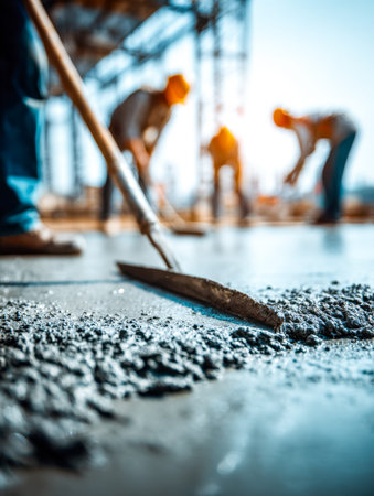Skilled laborers spread new cement on a construction zone, illuminated by radiant sunlight,...