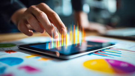 A professional examines vibrant bar charts on a tablet, capturing insights through data-driven...