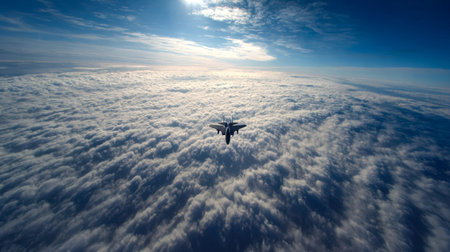 A sleek fighter aircraft soars high above a fluffy white cloud canopy, streaking across a vivid...