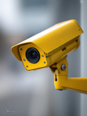 A vibrant yellow security device adorned with shimmering rain droplets, set against a softly blurred...