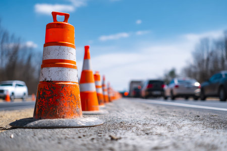 Vibrant orange cones create a protective pathway, ensuring safe passage for vehicles around a busy...