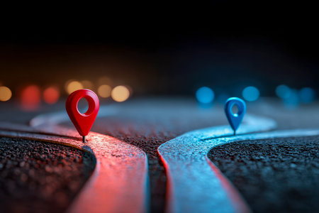 Illuminated by city lights, a forked road features vibrant red and blue pins guides through darkened...