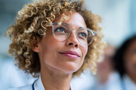 A poised woman with lively curls and chic eyewear sits attentively in an indoor venue, exuding confidence and focus during a professional discussion.のeditorial素材