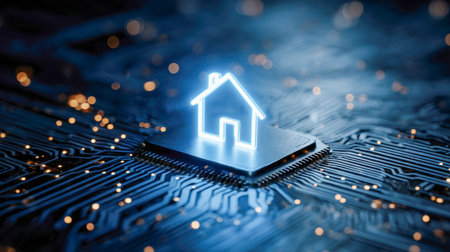 A luminous house symbol representing connected living, embedded on a microchip amid intricate...