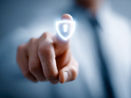 A professional individual interacts with a virtual interface, illuminating a secure shield graphic...